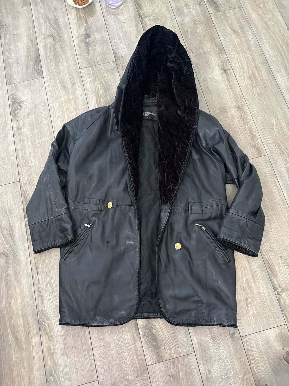 Colebrook & Co. Vintage Black Leather Jacket with Hood and Velvet Lining